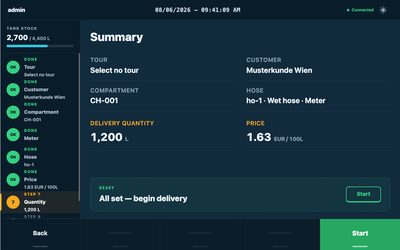 User interface: summary before delivery. Development view, not a record of a customer delivery.