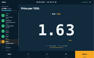 User interface: enter the price per 100 litres. Development view, not a record of a customer delivery.