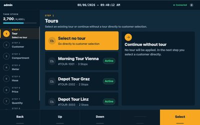 User interface: select tour. Development view, not a record of a customer delivery.